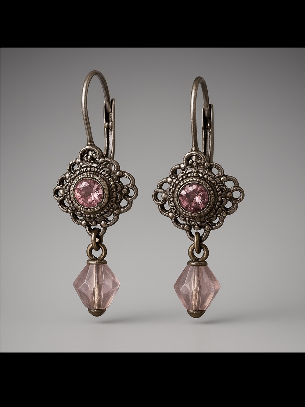 Vintage Sterling Silver Marcasite Pink Crystal Drop Earrings